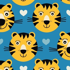 Happy-tiger-children-on-a-vintage-blue-background-with-white-hearts-L-large-scale-for-kids-bedding-and-curtains