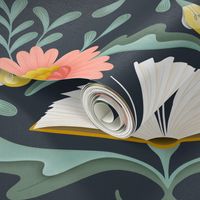 (L) Books disguised as flowers, maximalist folk art book, library, pink teal midnight blue