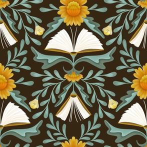 (L) Books disguised as flowers, maximalist folk art book, library, orange teal dark green