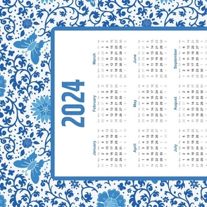 2024 Calendar Tea Towel – blue chinoiserie with butterflies