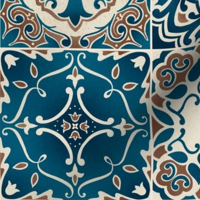 Italian tiles or cheater quilt mediterranean azulejos blue brown 24 inch repeat 