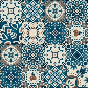 Italian tiles or cheater quilt mediterranean azulejos blue brown 24 inch repeat 