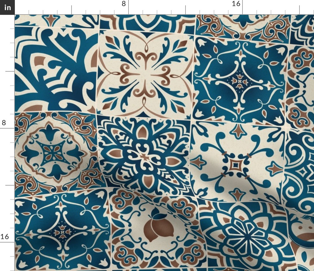 Italian tiles or cheater quilt mediterranean azulejos blue brown 24 inch repeat 