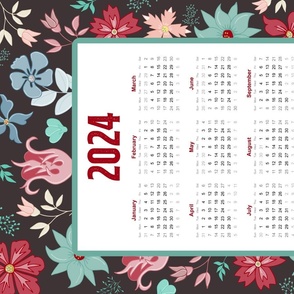 2024 Calendar Tea Towel – moody flowers on dark coffee brown