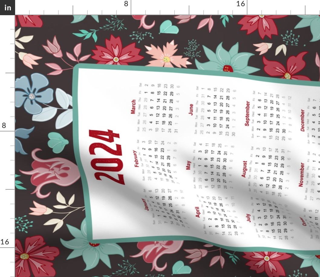 2024 Calendar Tea Towel – moody flowers on dark coffee brown