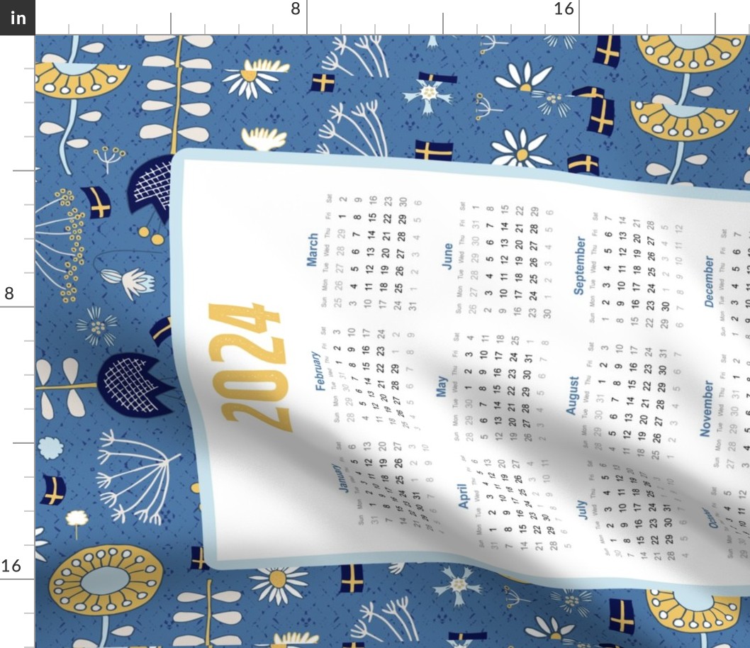 2024 Calendar Tea Towel – swedish flags and flowers yellow and blue