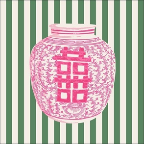 18 inch cushion panel pink ginger jar on green and cream stripes