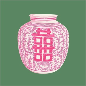 18 inch cushion panel pink ginger jar on green