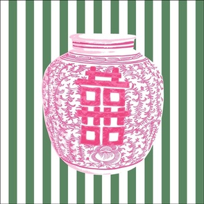 18 inch cushion panel pink ginger jar on green and pure white stripes