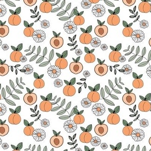 Sweet peachy fall garden leaves and peaches fruit and daisy blossom apricot orange green sage on white SMALL