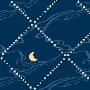 Navy blue diamond pattern with sun, moon and clouds - large scale