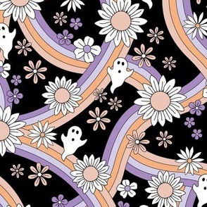 Groovy ghosts and rainbows sunflower and daisies spooky autumn funky halloween design soft blush peach lilac purple on black