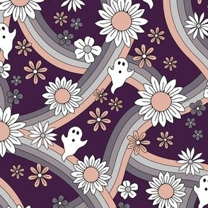 Groovy ghosts and rainbows sunflower and daisies spooky autumn funky halloween design vintage gray blush on deep purple