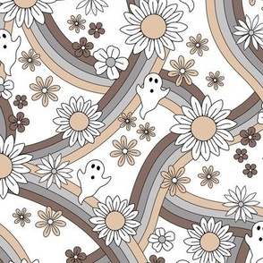 Groovy ghosts and rainbows sunflower and daisies spooky autumn funky halloween design vintage sand beige gray neutral on white