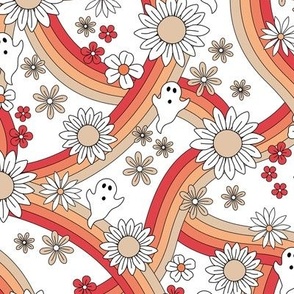 Groovy ghosts and rainbows sunflower and daisies spooky autumn funky halloween design beige orange red on white
