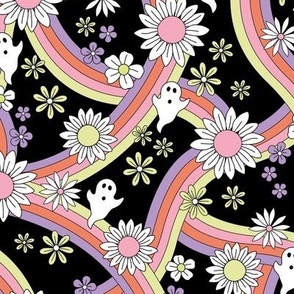 Groovy ghosts and rainbows sunflower and daisies spooky autumn funky halloween design lime green pink lilac orange nineties retro palette on black