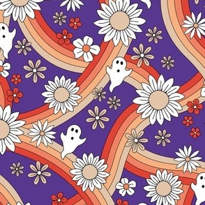 Groovy ghosts and rainbows sunflower and daisies spooky autumn funky halloween design soft blush peach red on bright violet purple
