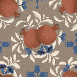 Pomegranates and Leaves, Terracotta on Brown, 24-inch repeat