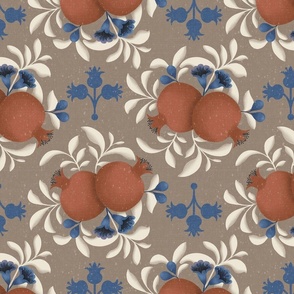 Pomegranates and Leaves, Terracotta on Brown, 12-inch repeat