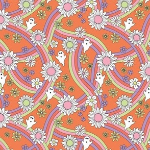 Groovy ghosts and rainbows sunflower and daisies spooky autumn funky halloween design lime green lilac on orange SMALL