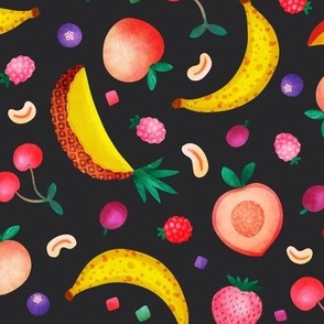 Fruity Tutti, black (large) - delicious rainbow of tropical and summer fruits