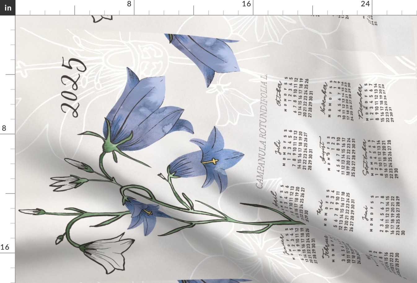 German 2024 Calendar, Monday / Botanical Illustration Campanula Rotundifolia