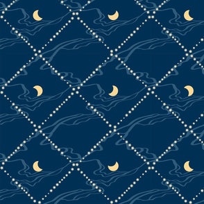 Navy blue diamond pattern with sun, moon and clouds - medium scale