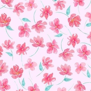 coral pink floral,  watercolor flowers on pale pink smaller scale for apparel fabric