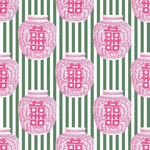 vibrant pink ginger jars on green and pure white stripes