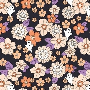 Halloween seventies retro blossom and ghosts - sweet floral design fall flower halloween garden and leaves blush orange violet on charcoal gray
