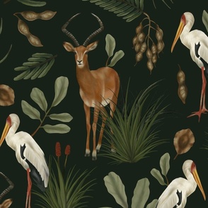 Deep Forest Green Wild Impala And White Stork