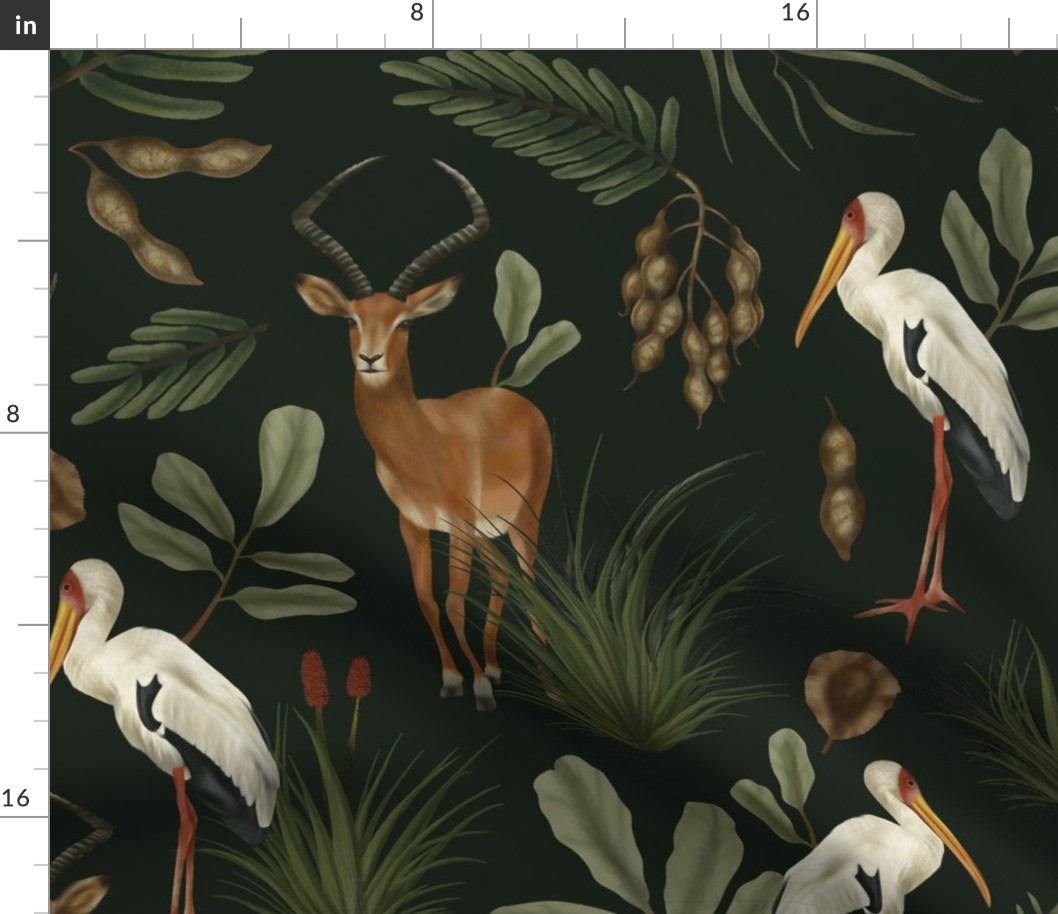 Deep Forest Green Wild Impala And White Stork
