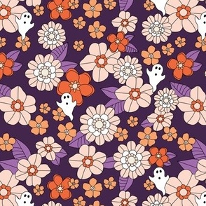 Halloween seventies retro blossom and ghosts - sweet floral design fall flower halloween garden and leaves blush orange violet on purple