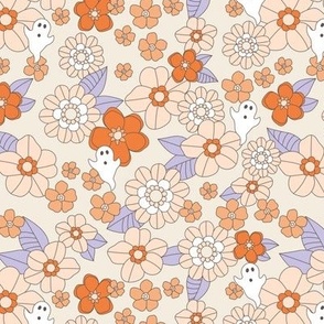 Halloween seventies retro blossom and ghosts - sweet floral design fall flower halloween garden and leaves blush orange lilac on cream