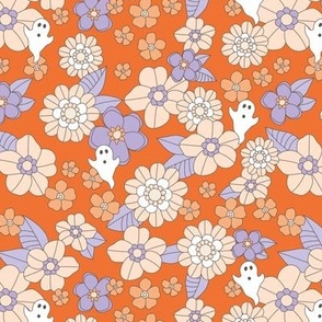 Halloween seventies retro blossom and ghosts - sweet floral design fall flower halloween garden and leaves blush orange lilac blush on tangerine