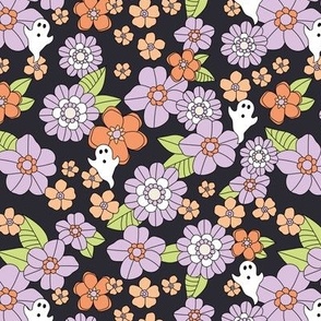 Halloween seventies retro blossom and ghosts - sweet floral design fall flower halloween garden and leaves orange blush peach lilac lime green on charcoal gray