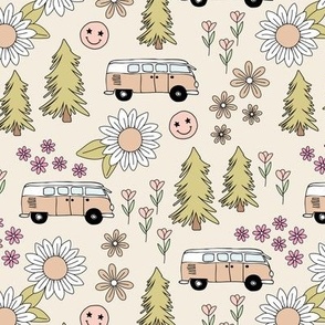 Road trip - hippie camper van smiley and flower power blossom cutesy autumn design matcha green blush pink on sand