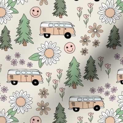 Road trip - hippie camper van smiley and flower power blossom cutesy autumn design soft seventies pastel palette blush pink sand green