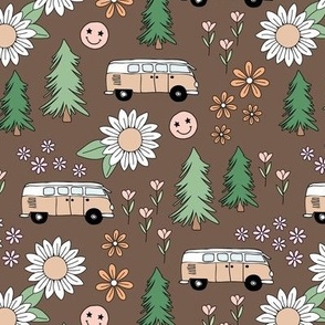 Road trip - hippie camper van smiley and flower power blossom cutesy autumn design matcha green blush pink orange on chocolate