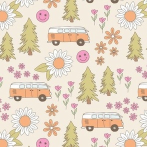 Road trip - hippie camper van smiley and flower power blossom cutesy autumn design matcha green blush pink orange girls palette on sand