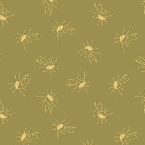 hand-drawn yellow flowers daisies ditsy on olive green