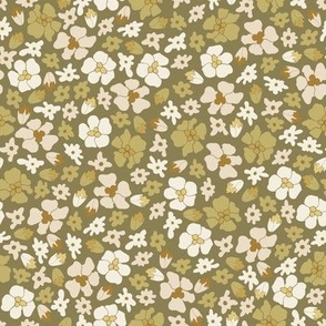 white, beige, olive green daisies whimsical ditsy on olive green