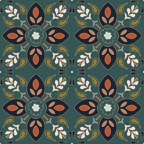 (M) brick brown, olive green, bronze brown, teal blue, black floral ornaments on teal blue 