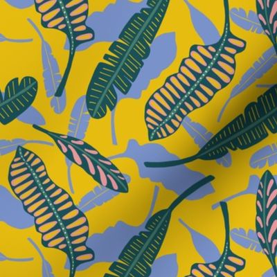 Banana Leaves Dark Teal Yellow Pink Periwinkle Leaf Tropical Home Decor Fabric