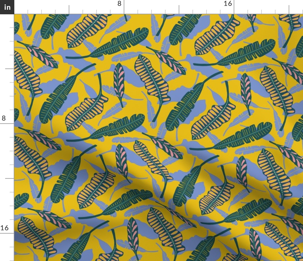 Banana Leaves Dark Teal Yellow Pink Periwinkle Leaf Tropical Home Decor Fabric