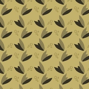 sage and taupe tulip flowers in vertical and horizontal lines with dew drops on honey green