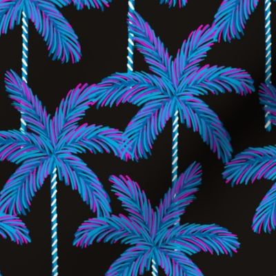 Vibrant Palm Trees Neon Blue & Pink on Black -  Medium