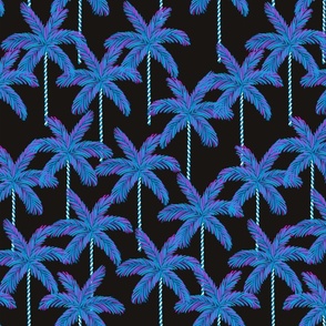 Vibrant Palm Trees Neon Blue & Pink on Black -  Medium
