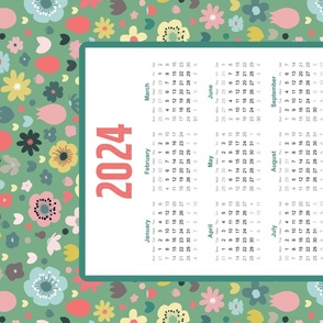 2024 Calendar Tea Towel – tossed flowers on green