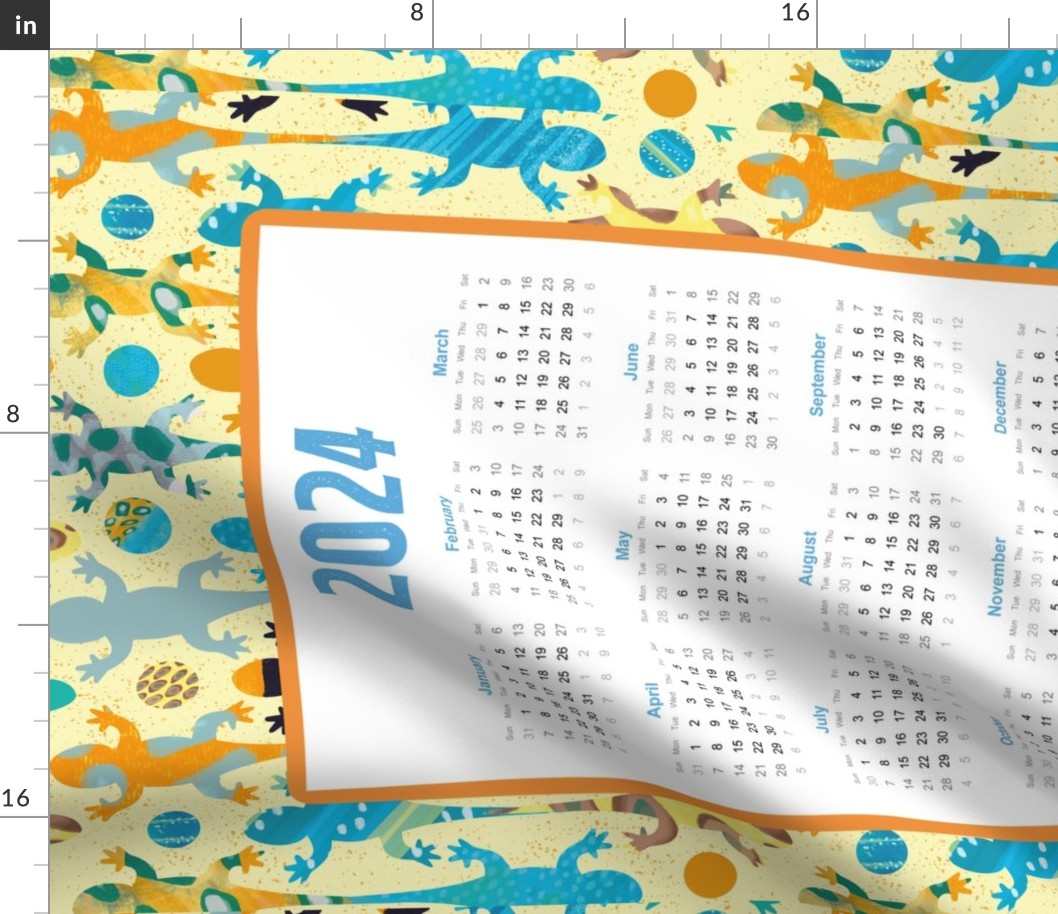 2024 Calendar Tea Towel – colorful lizards on yellow